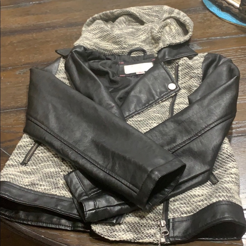 Hooded pleather/tweed moto jacket